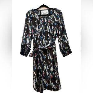 NWT Rachel Roy, black watercolor tie waist dress and lace sleeve detail
